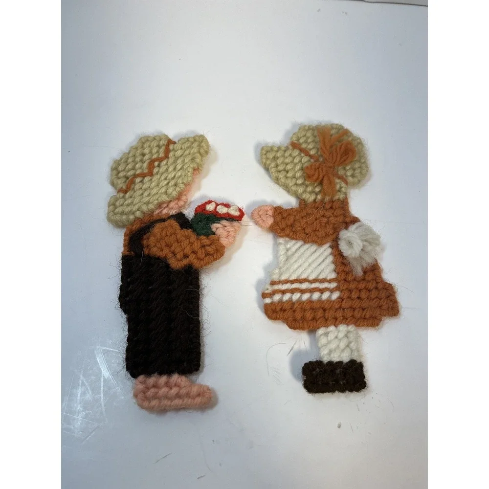 Hand Stitched Plastic Canvas Country Boy Girl Garden Vtg